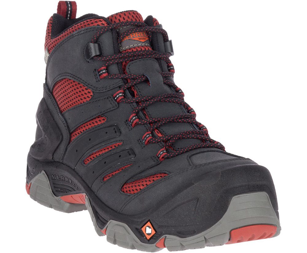 Botas Homem - Merrell Strongfield Mid Waterproof Comp Toe Wide Width - Pretas/Vermelhas - RZH469185